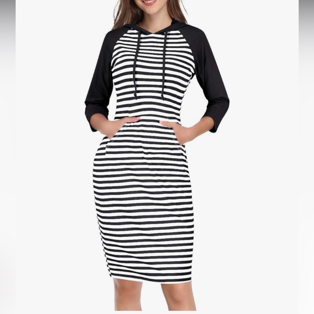 Misky Women's Long Sleeve Black And White Striped Pullover Hoodie Dress, 2X
